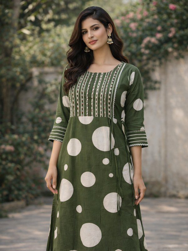 Green polka dot kurti with embroidered yoke for women — front view — Kaalpanikaa