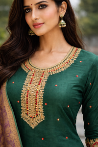 Elegant green embroidered kurti set with dupatta for women — embroidery close-up — Kaalpanikaa