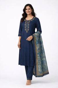 Navy blue embroidered 3-piece kurti set with dupatta for women — Kaalpanikaa