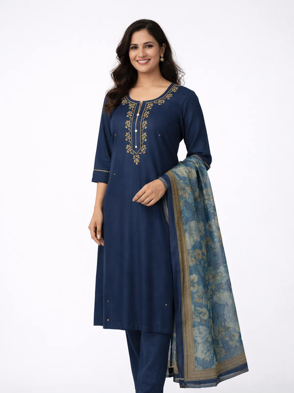 Navy blue embroidered 3-piece kurti set with dupatta for women — Kaalpanikaa