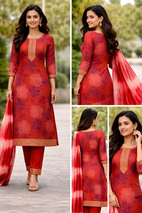 Red Floral Kurti Set with Dupatta (3-Piece)