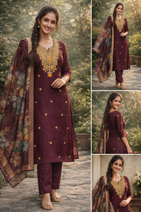 Maroon Embroidered Kurti Set with Dupatta (3-Piece)