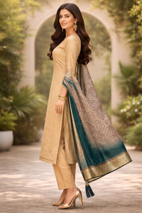 Beige Gold Embroidered Kurti Set with Dupatta (3-Piece)