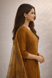 Mustard Embroidered Kurti Set
