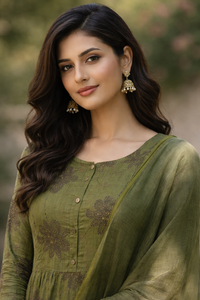Olive Green Printed Kurti Set (Top, Bottom & Dupatta)