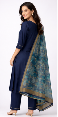Women Navy Blue Embroidered Kurti Set with Dupatta (3-Piece)