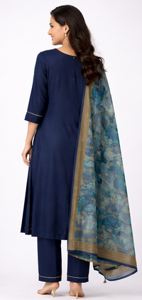 Women Navy Blue Embroidered Kurti Set with Dupatta (3-Piece)