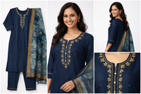 Women Navy Blue Embroidered Kurti Set with Dupatta (3-Piece)