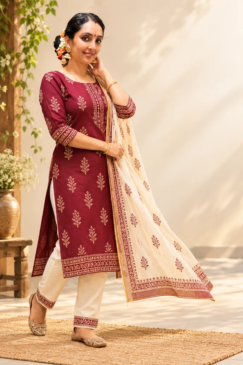 Woman in a maroon block-print kurta with an ivory dupatta in a sunlit Kerala courtyard
